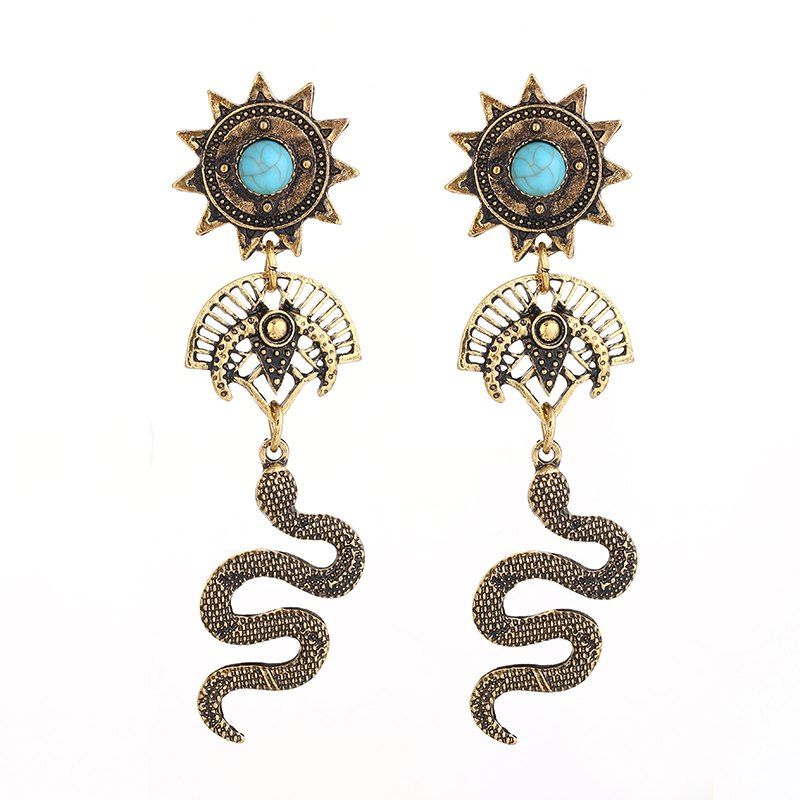 

Fashion Vintage Ethnic Snake Mental Drop Pendent Long Earrings For Women, Gold