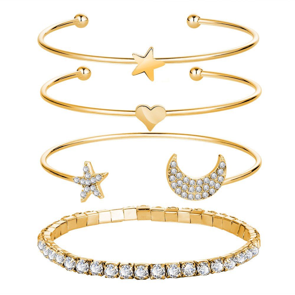 

4PCS Simple Diamond Crystal Star Opening Bracelet, Gold