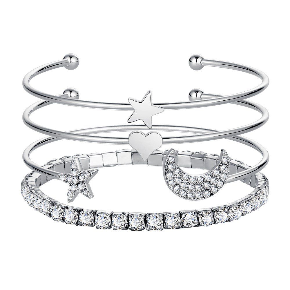

4PCS Simple Diamond Crystal Star Opening Bracelet, Silver