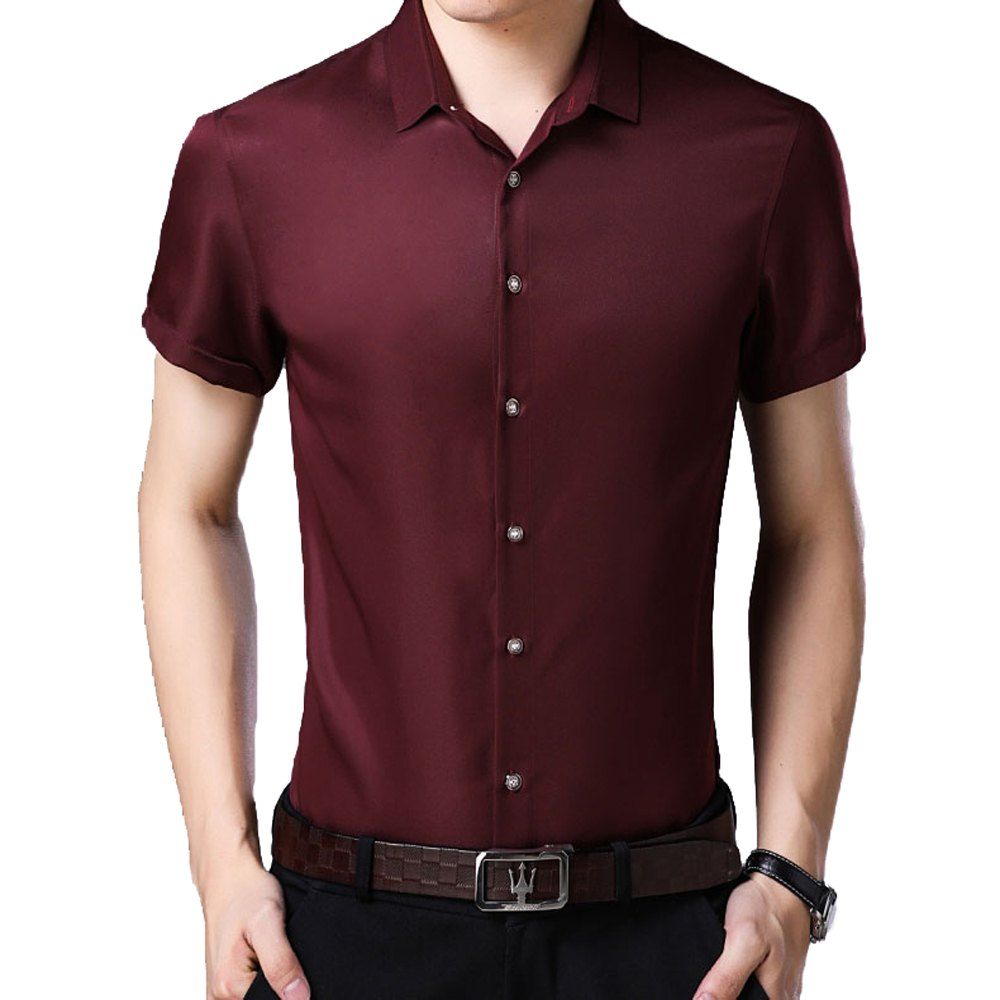 

Short-sleeved Solid Color Men's Shirt, Red wine