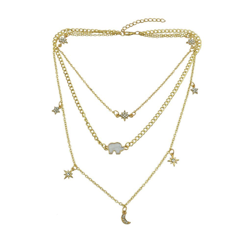 

Long Chain with Rhinestone Star Elephant Charms Necklace, Gold