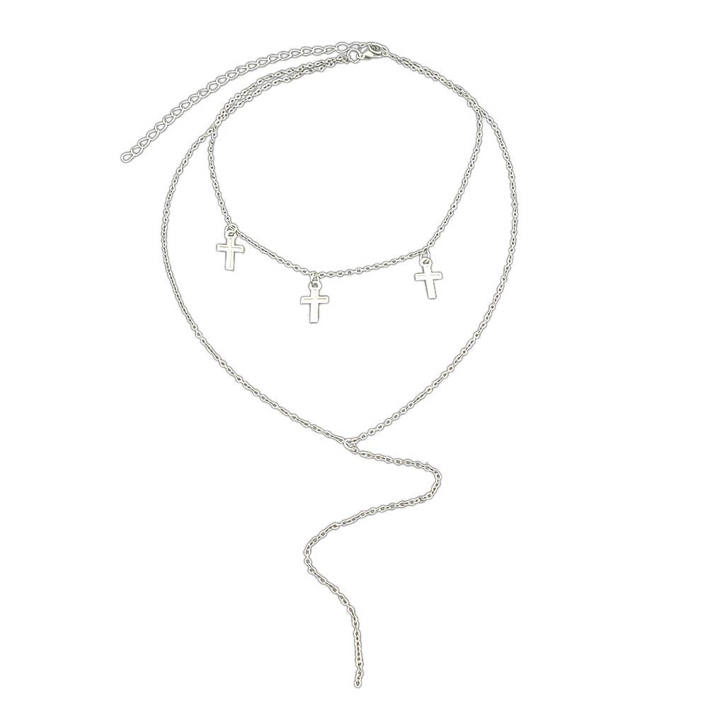 

Multilayer Chain With Cross Charm Geometric Pattern Necklace, Silver