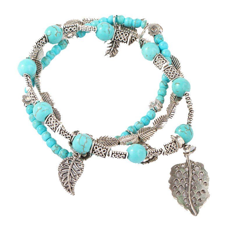 

Fashion Hand-Made Beads Leaves Stone Bracelets, Aquamarine