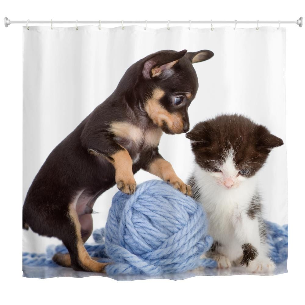 

Cat and Dog Line Ball Water-Proof Polyester 3D Printing Bathroom Shower Curtain, Multi-a