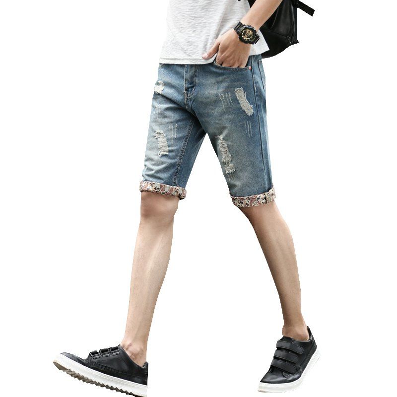 

Casual Hole Trend Five Points Denim Shorts, Denim blue