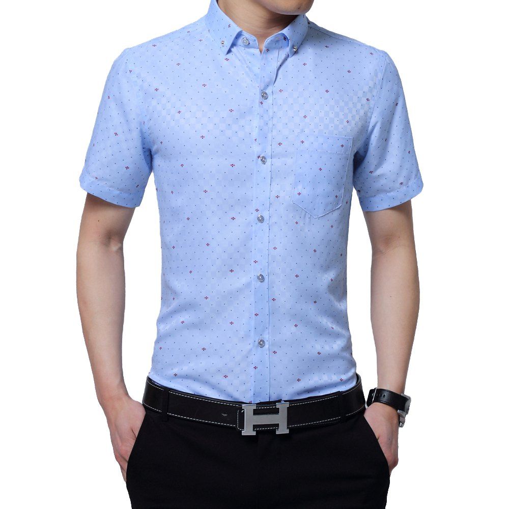 

Men's Plaid Print Short Sleeve Shirt, Day sky blue