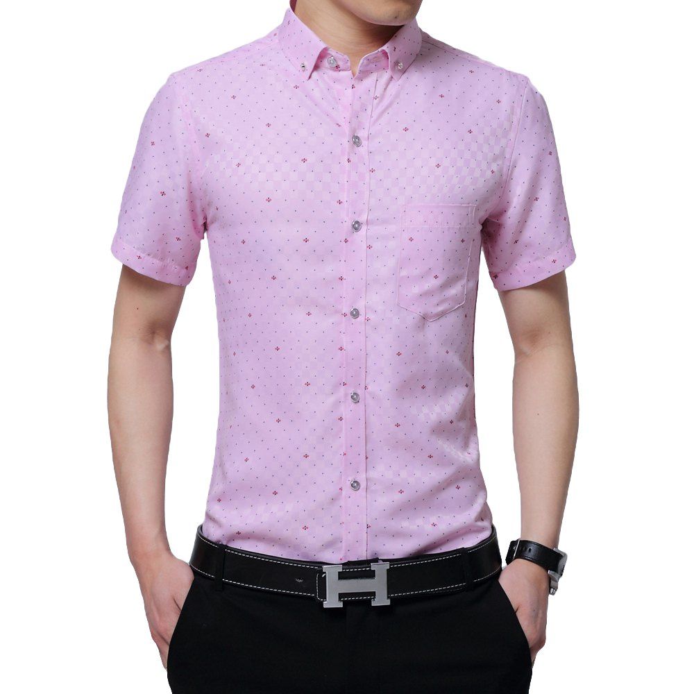 

Men's Plaid Print Short Sleeve Shirt, Blush pink