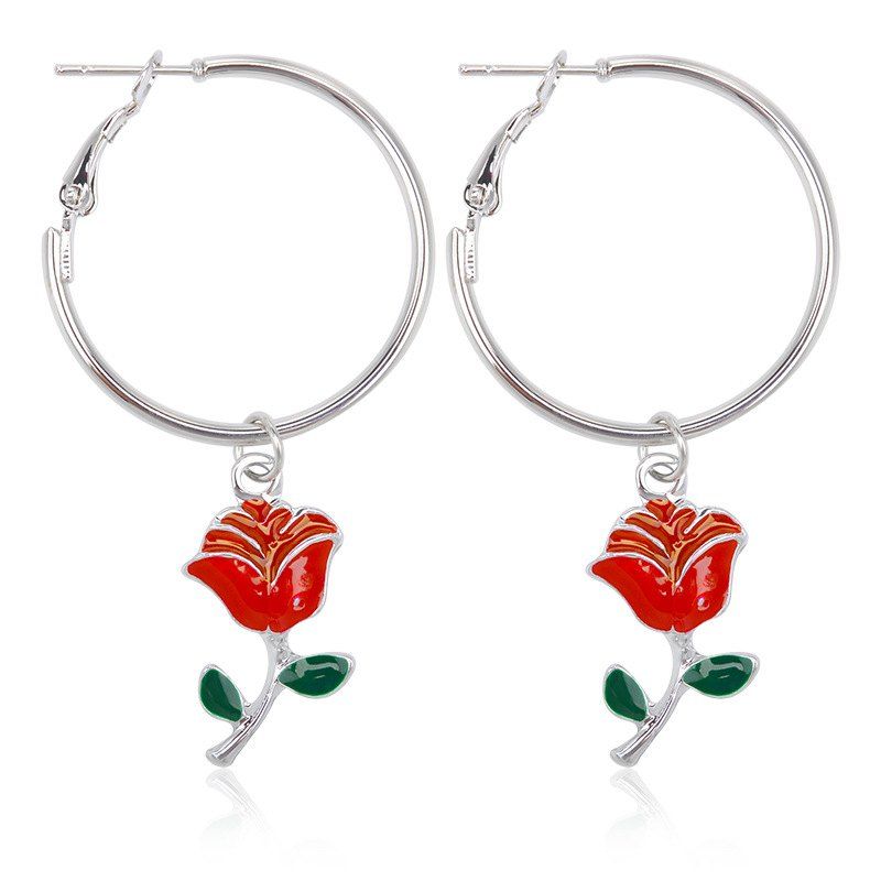 

Simple Fashion Roses Circles Earrings Green Leaves Safflower, Silver