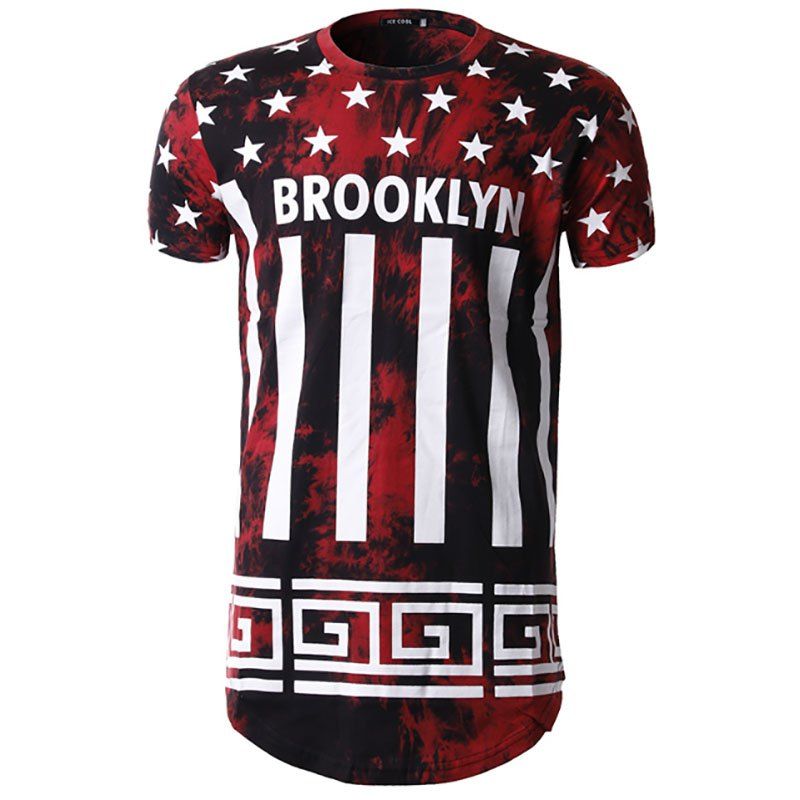 

Men's Fashion Pentagram White Printed Hip Hop Long Neck Short Sleeve T-Shirt, Red