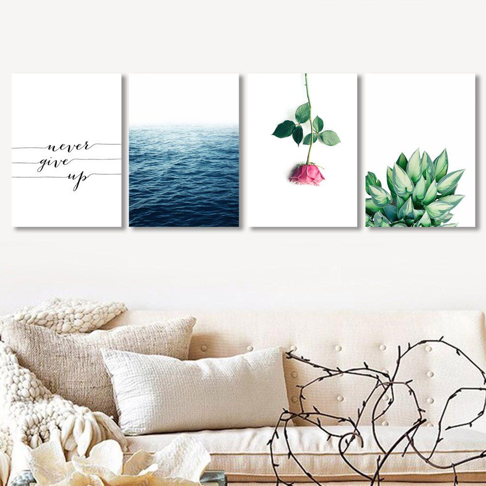 

W307 Letters and Plants Unframed Wall Canvas Prints for Home Decorations 4PCS, Multi-a