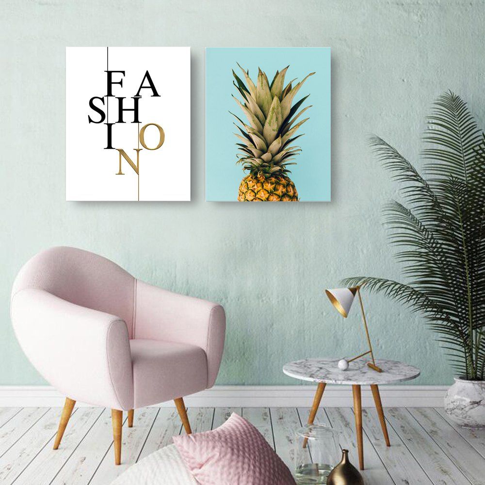 

W308 Letters and Pineapple Unframed Wall Canvas Prints for Home Decorations 2PCS, Multi-a