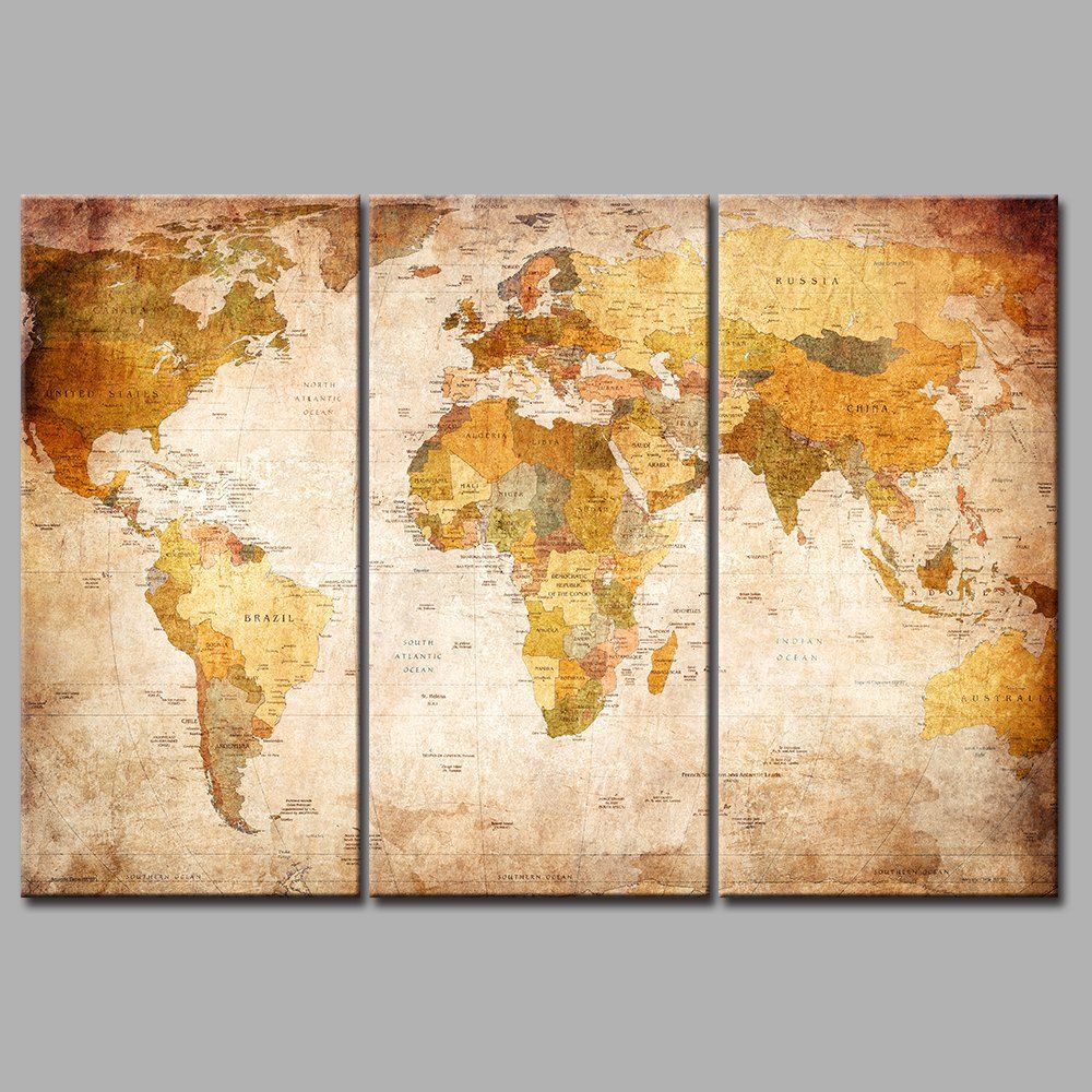 

Yellow World Map Frameless Printed Canvas Art Paintings 3PCS, Multi-a