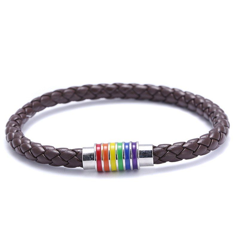 

Black Brown Genuine Braided Leather Bracelet Women Men Stainless Steel Gay, Dark goldenrod
