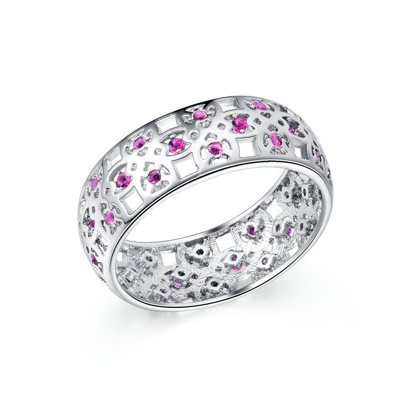 

Fashion Hollow Pattern Platinum-plated Zircon Ring, Rose red