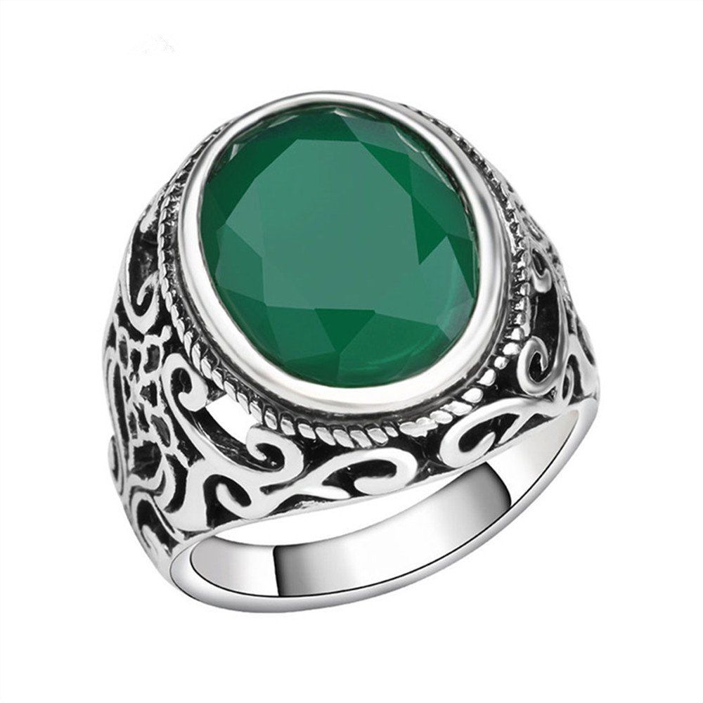 

PULATU 4 Colors Resin Totem Carved Silver Color Metal Finger Ring, Green