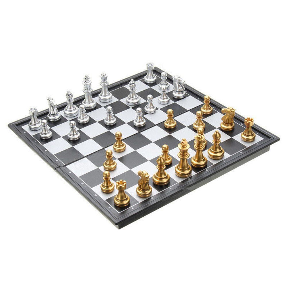 

Chess Game Silver Gold Pieces Folding Magnetic Foldable Board Contemporary Set, Black