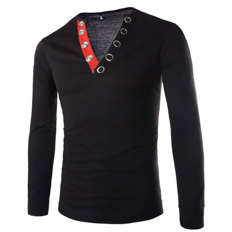 

Men's Fashion Large V-neck Buckle Design Slim Long-sleeved T-shirt, Black