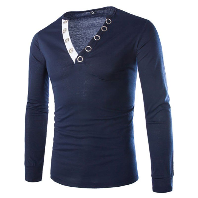 

Men's Fashion Large V-neck Buckle Design Slim Long-sleeved T-shirt, Navy blue