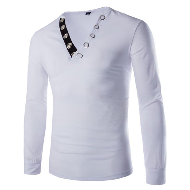 

Men's Fashion Large V-neck Buckle Design Slim Long-sleeved T-shirt, White