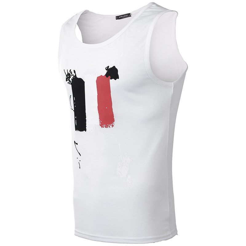 

Men's Fashion Print Round Collar Elastic Cotton Tank Top, White