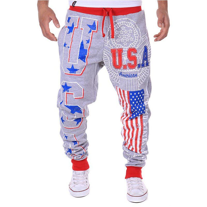 

Men's Fashion American Flag Print USA Letter Design Casual Pants, Light gray