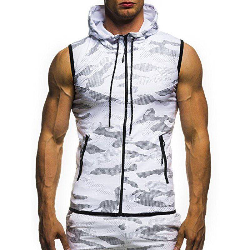 

2018 New Camouflage Digital Printing Zipper Casual Slim Sleeveless Hoodie, White