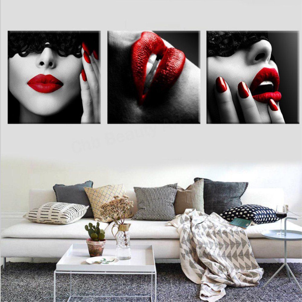 

High Definition Red Lip Art Frameless Oil Painting 3PCS, Multi-a