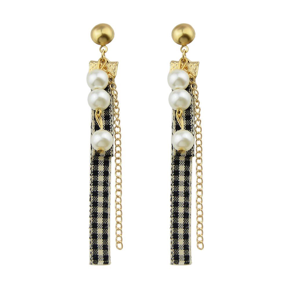 

Simulated-pearl Geometric Pattern Black and White Cloth Earrings, Gold