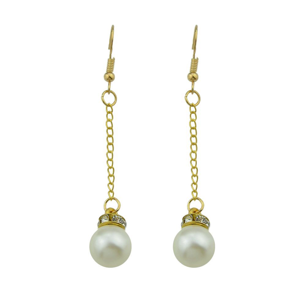 

Simulated-pearl with Rhinestone Long Chain Earrings, Gold