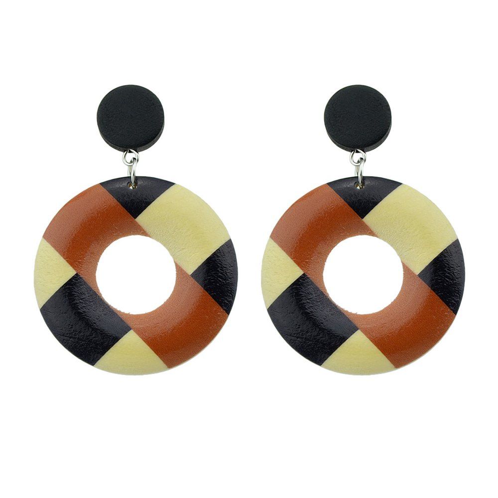 

Wood Geometric Pattern Round Hanging Earrings, Multi-a