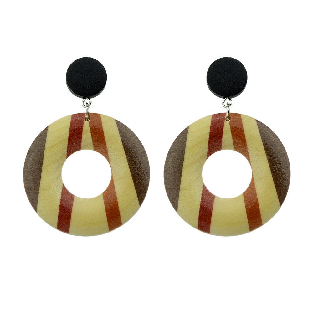 

Wood Geometric Pattern Round Hanging Earrings, Multi-b