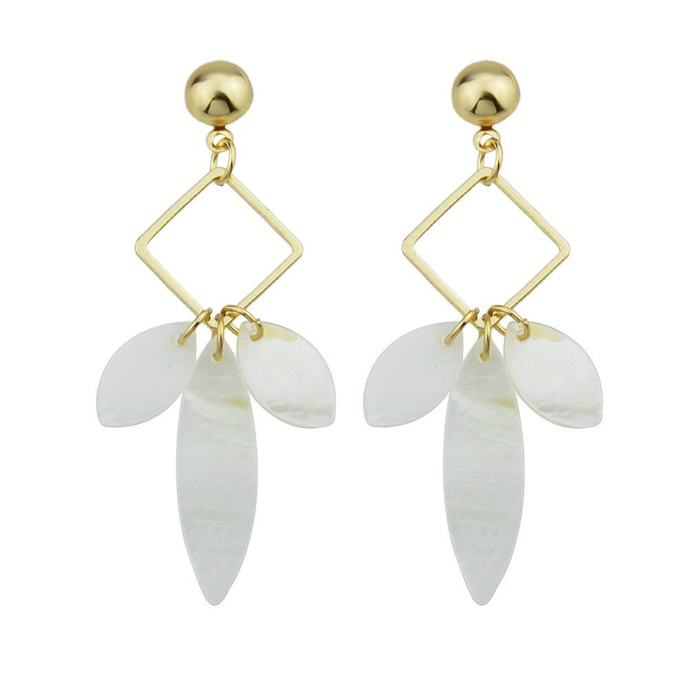 

Square with Shell Geometric Pattern Dangle Earrings, Gold