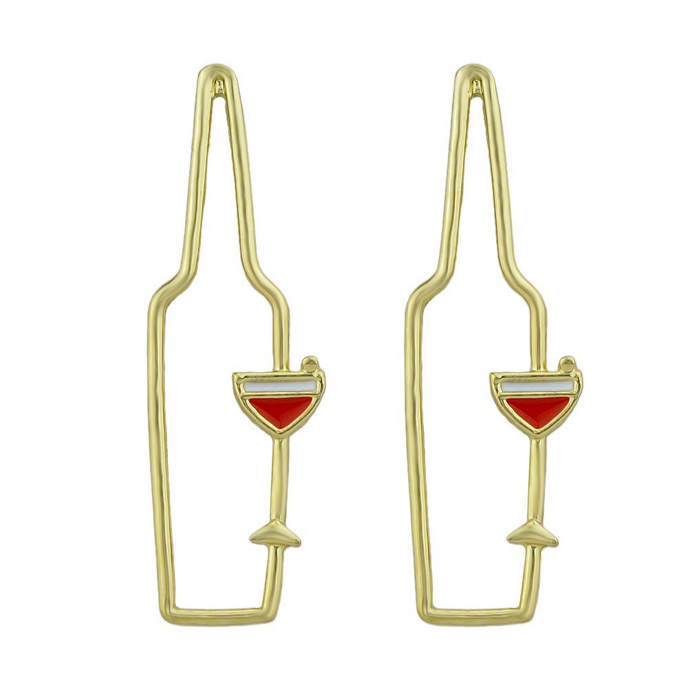 

Gold-color Red White Enamel Bottle Winebowl Dangle Earrings