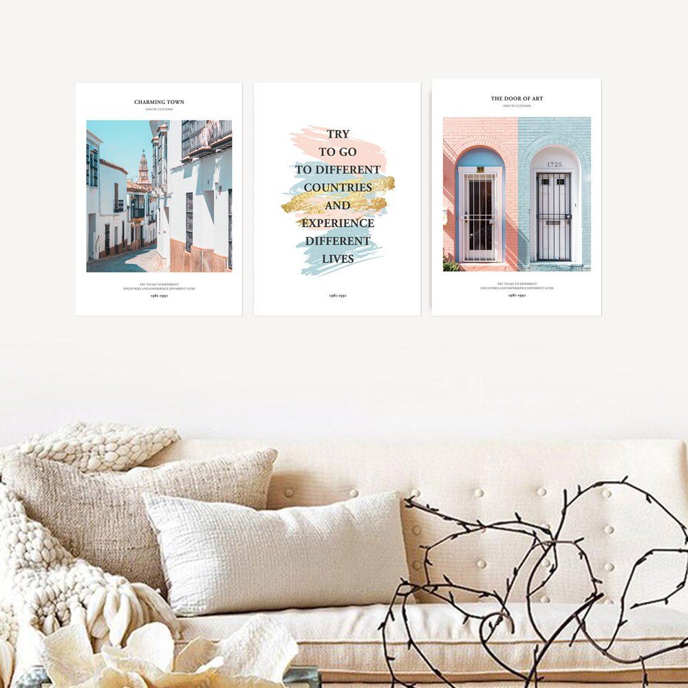 

W312 Letters and House Unframed Wall Canvas Prints for Home Decorations 3PCS, Multi-a