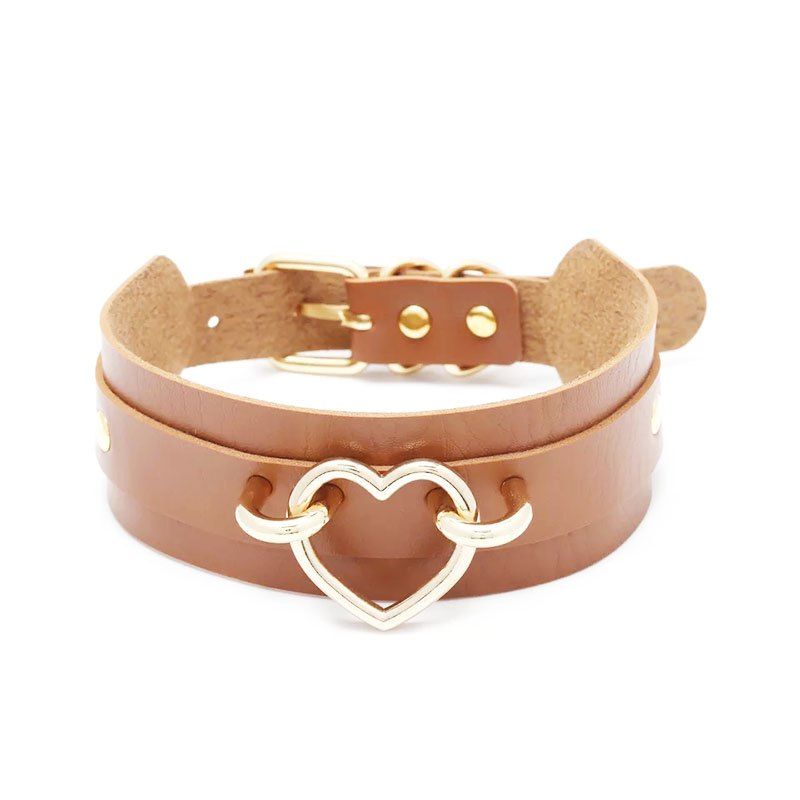 

New Style Wild Personality Super Cool Double Deck PU Leather Bound Collar, Brown sugar