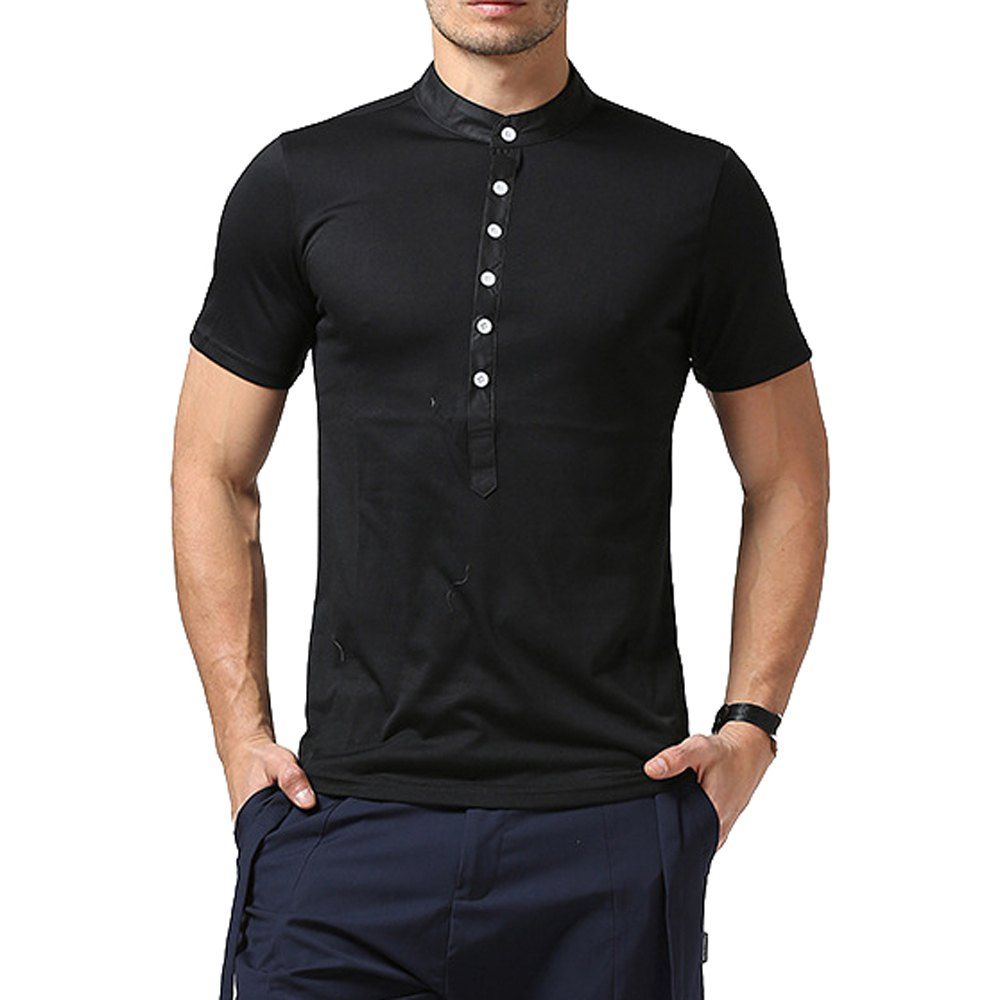 

Men Stand-Up Collar Short Sleeved T-shirt, Black