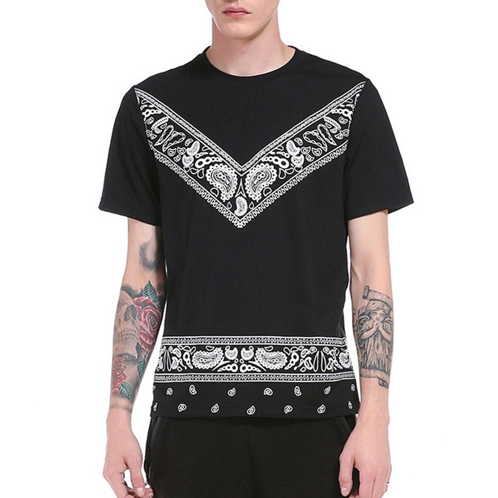 

New Men's Round Neck Fashion Short Sleeve Print T-shirt, Black