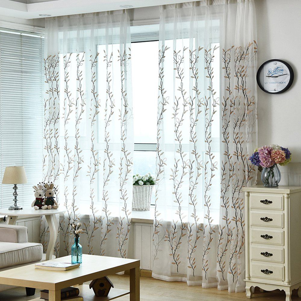 

American Rural Blue Embroidered Gauze Curtain, Camel brown