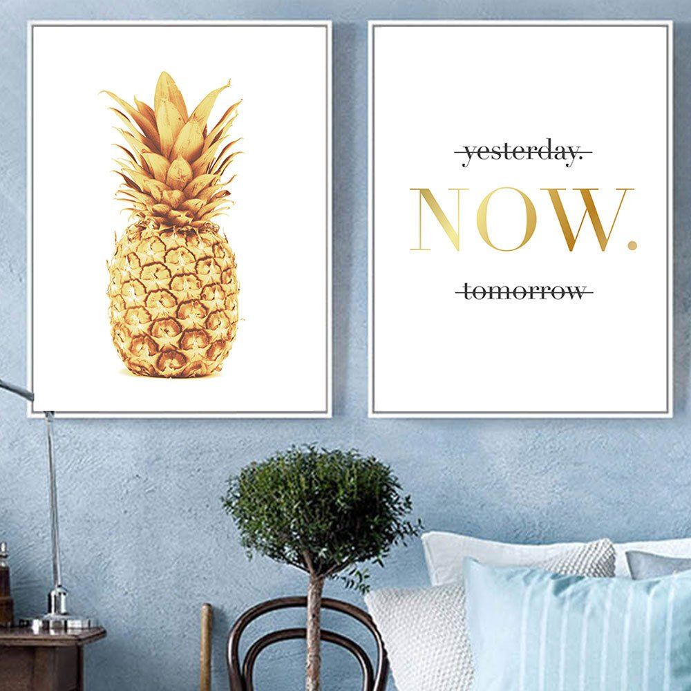 

New Nordic Modern Golden Pineapple Ornament Oil Painting 2PCS, Multi-a