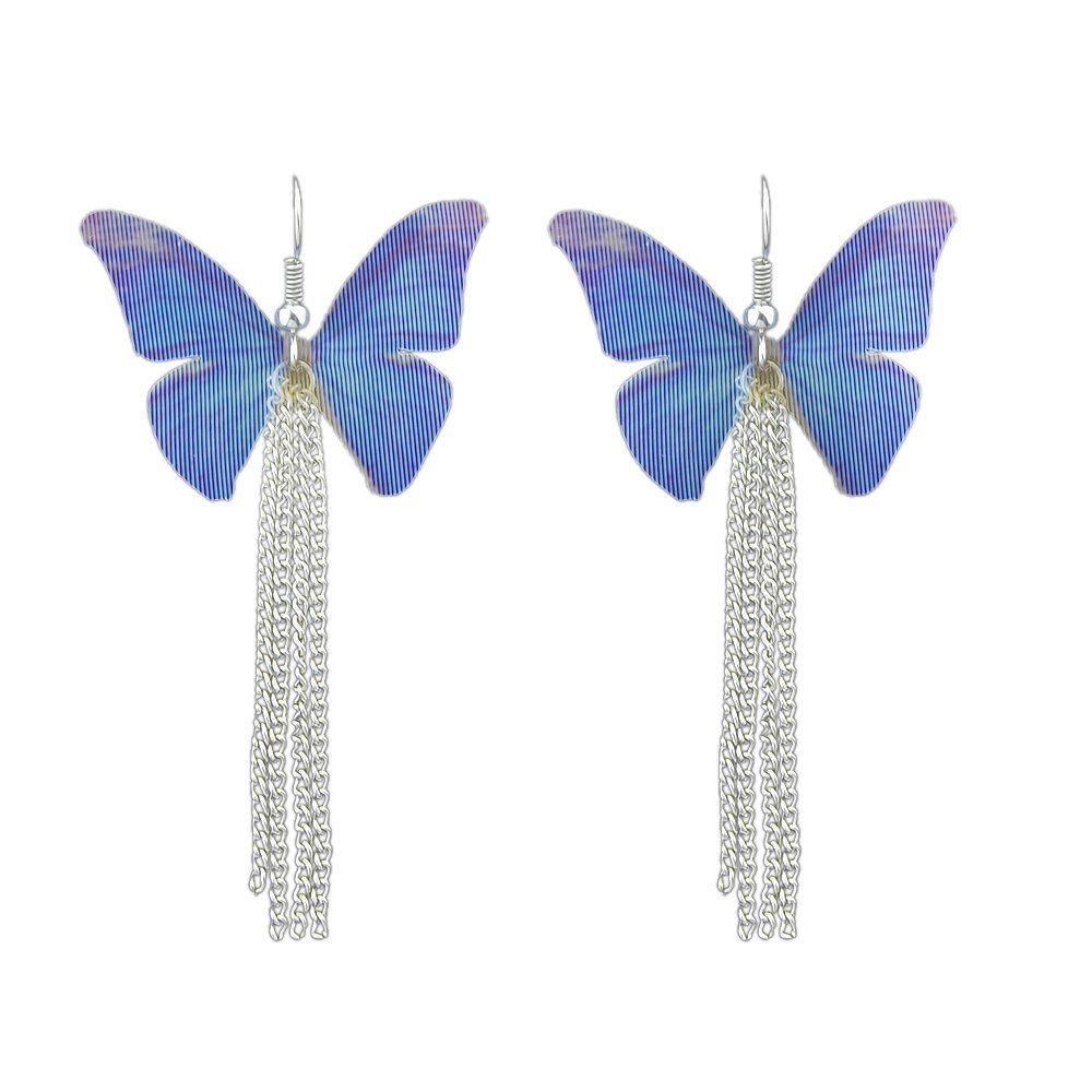 

Butterfly Insect Pattern Drop Earrings with Silver Color Chain, Sky blue