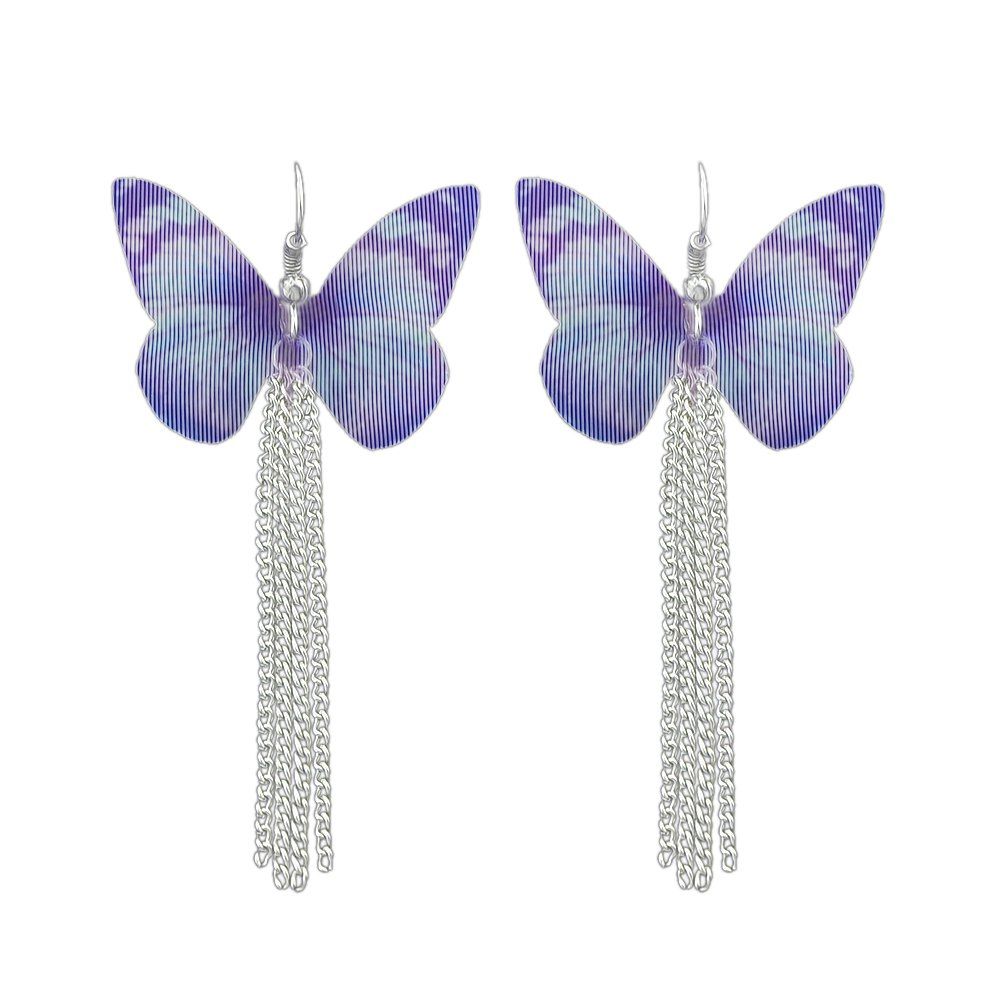 

Butterfly Insect Pattern Drop Earrings with Silver Color Chain, Purple
