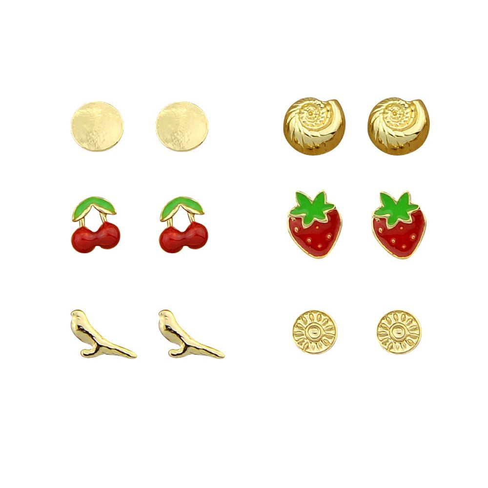 

6 Pairs Round Geometric Cute Strawberry Cherry Earrings, Gold