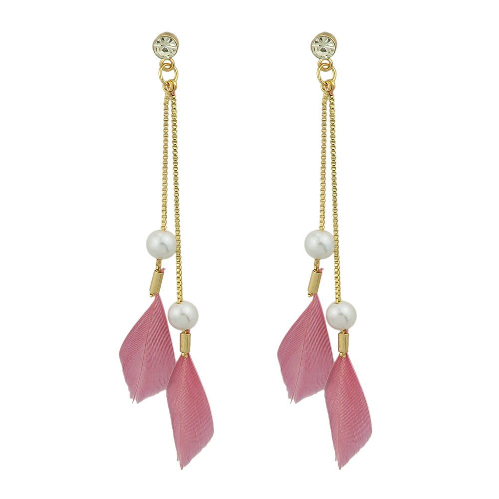

Long Chain with Colorful Feather Drop Earrings, Pale violet red