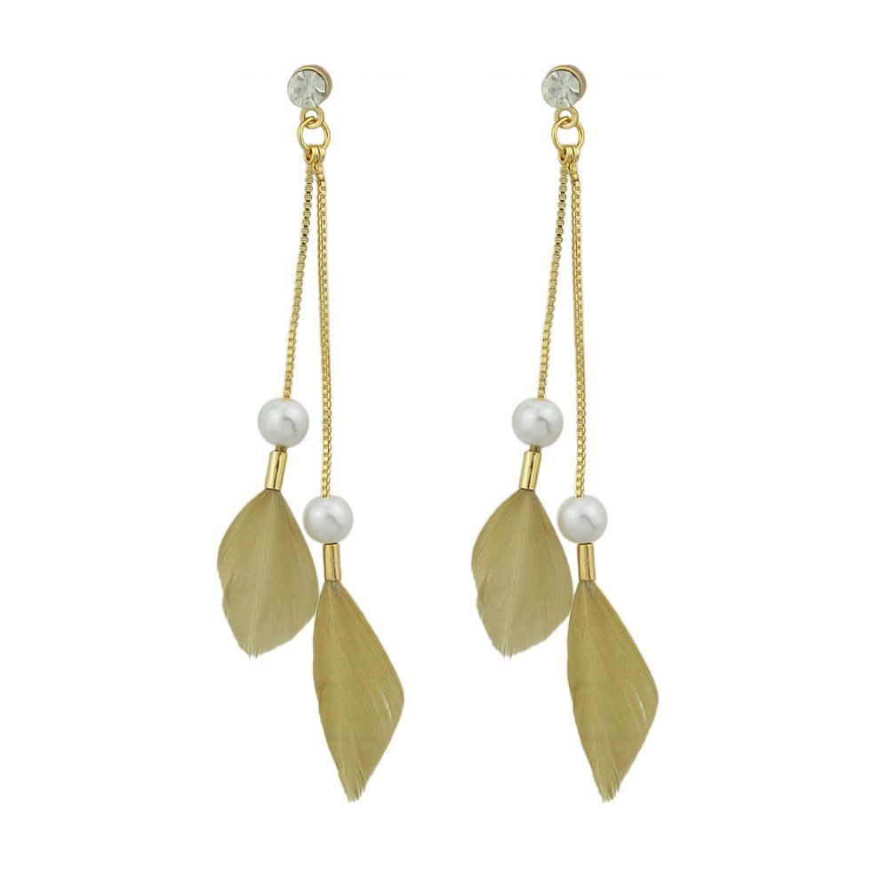 

Long Chain with Colorful Feather Drop Earrings, Goldenrod
