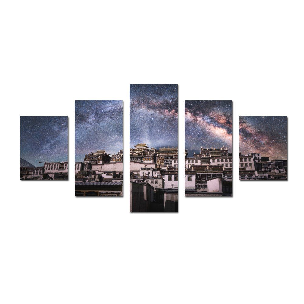 

W325 Village Under Star Unframed Wall Canvas Prints for Home Decorations 5PCS, Multi-a