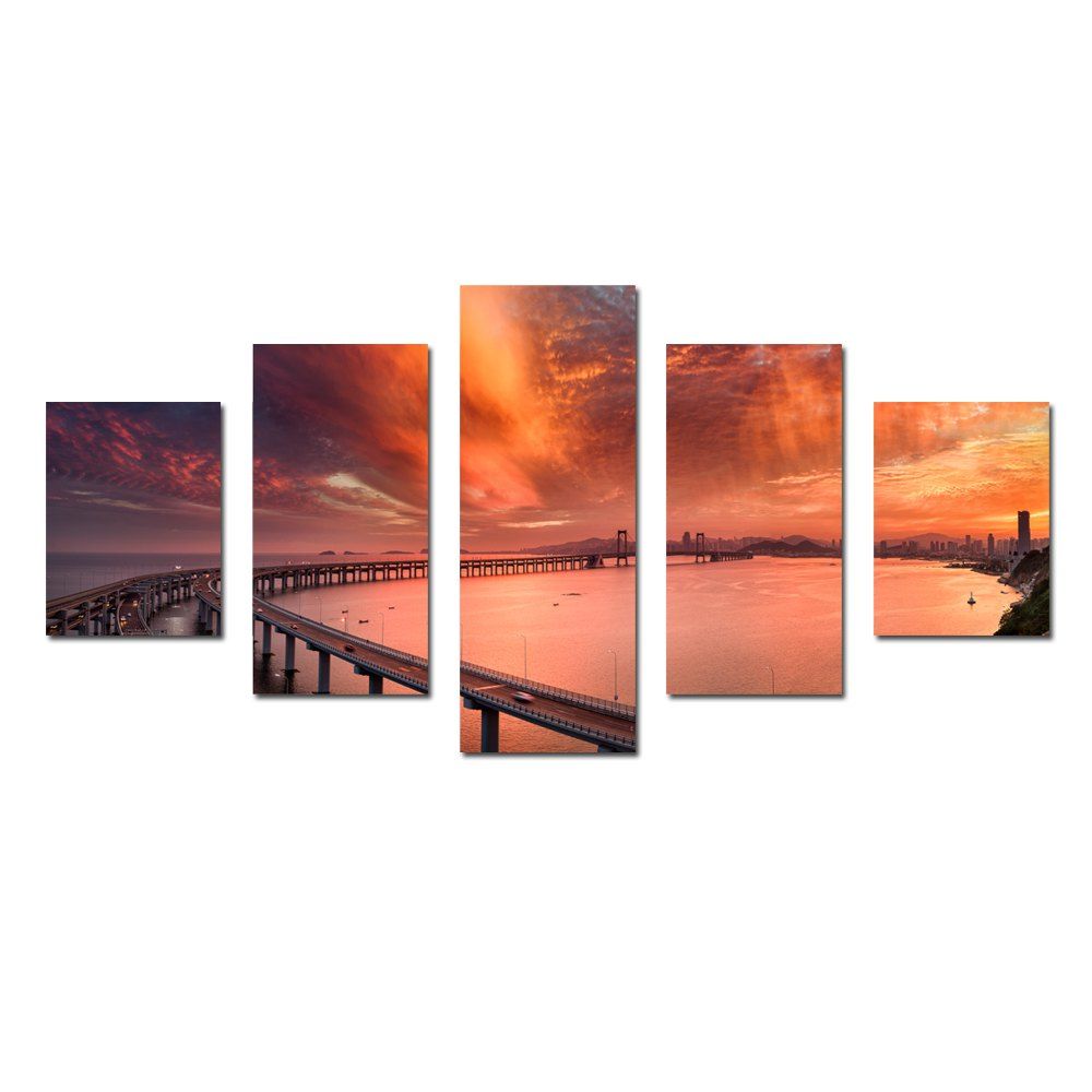 

W329 Cross-Sea Bridge Unframed Wall Canvas Prints for Home Decorations 5PCS, Multi-a