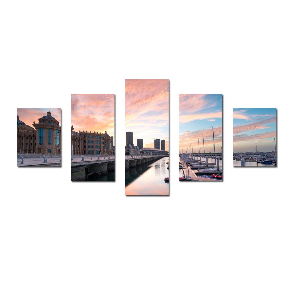 

W334 Road and Harbour Unframed Wall Canvas Prints for Home Decorations 5PCS, Multi-a
