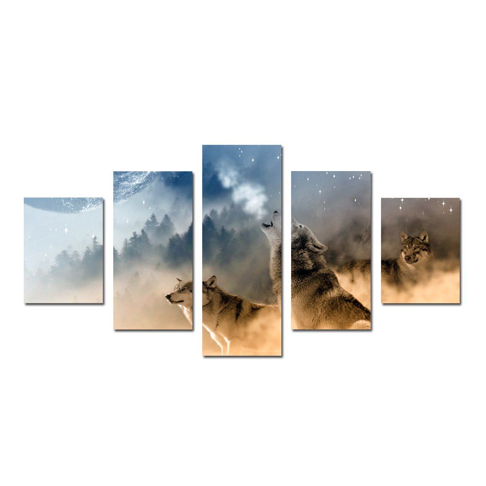 

W339 Forest and Wolves Unframed Wall Canvas Prints for Home Decorations 5PCS, Multi-a