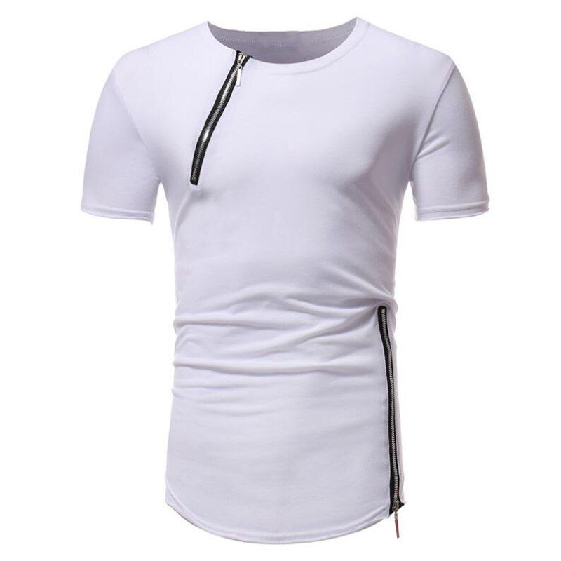 

Men Fashion Personality Zipper Short Sleeve T-shirt, White