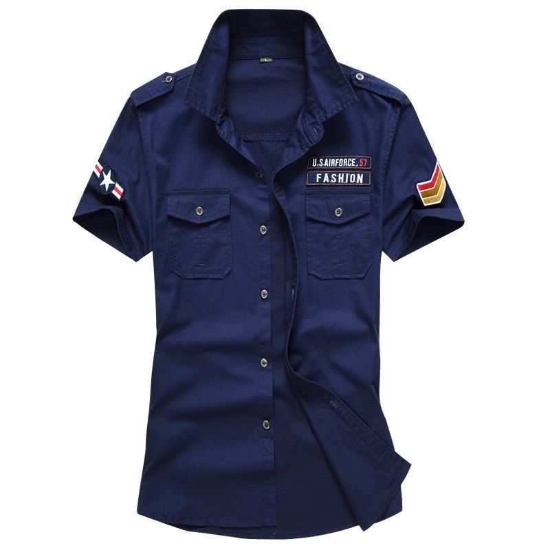 

Men Shirt Solid Color Short Sleeve Turn Down Collar Fashion Top Shirt, Deep blue